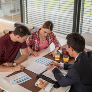 A couple viewing their options when consulting an adviser for independent pension advice.